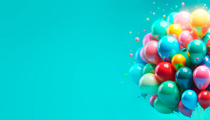 Poster - Explosion of colorful balloons with dynamic drops on a bright cyan backdrop. Generative AI