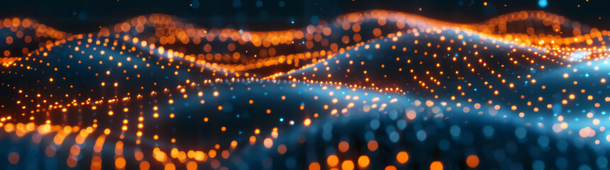 Fototapete - Abstract digital landscape of blue and orange dots with wavy lines, symbolizing connection and flow