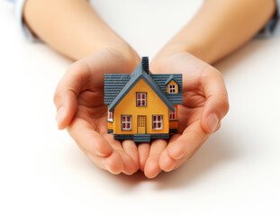 Poster - Palms cradling a colorful toy house on a white backdrop. Real estate investment concept. Generative AI