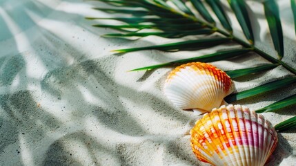 Wall Mural - Close up of two colorful seashells on the sand in sea with palm tree leaves, summer background.