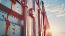 Close-up Of Rusty Locking Mechanisms On Cargo Container At Sunset
