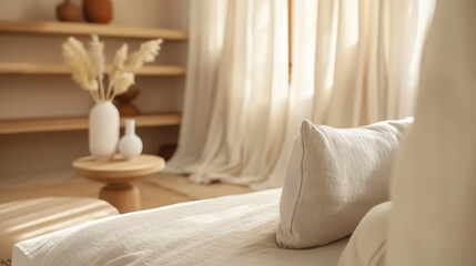 Aufkleber - Modern living room interior with white linen curtains and a serene minimalist vibe