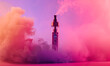 flavored vape surrounded by pink, purple, orange pastel smoke isolated on plain color studio background