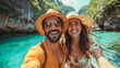 Happy traveling and adventurous couple taking a selfie on their vacation. Concept of fun and travel as a couple or friends.