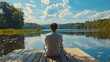 Tranquil Nature Retreat: Solo Male Traveler Relaxing on Wooden Deck by the Lake