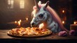 cute unicorn eating pizza. animal and fast food. delicious Italian pastries. pizza day.