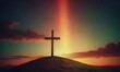a cross on a wooden cross on a hilltop against a twilight sky with orang hill with the sun