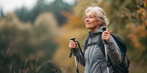 Photo of a beautiful elderly woman doing Nordic walking in a summer park in cloudy weather with copy space on the left, advertising banner