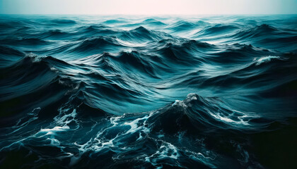 Poster - A dynamic and textured depiction of dark ocean waves on a serene background, embodying the concept of nature's power. Generative AI