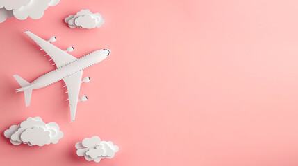 Poster - A paper airplane and clouds on a pink background, symbolizing travel concept, Generative AI. Generative AI