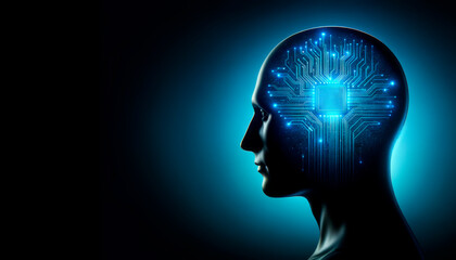 Aufkleber - Silhouette of a human head with a circuit board pattern illuminating from within on a dark blue background, concept of artificial intelligence. Generative AI