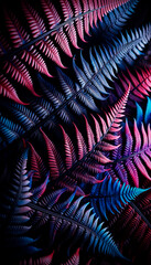 Poster - Vibrant colored fern leaves overlapping, with a photographic style on a dark background, concept of nature's beauty. Generative AI