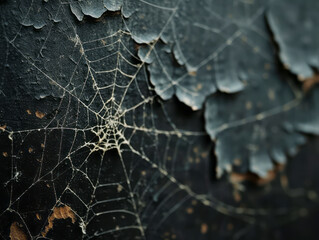 Aufkleber - Close-up of a spider web on a textured surface, ominous and dark background, concept of decay. Generative AI
