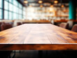An empty wooden table with a blurred restaurant interior in the background, displaying a warmth and welcome ambiance, Generative AI. Generative AI