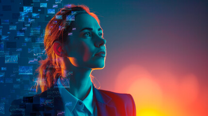 Poster - A woman in neon light with futuristic holographic diagrams floating around, against a dark technological background, portraying a concept of data analysis. Generative AI