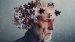 Human head made of disintegrating puzzle pieces, symbolizing the fragmentation of memory and identity in Alzheimers disease