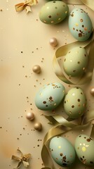 Wall Mural - Elegant Easter eggs with golden details and ribbons on a cream backdrop.