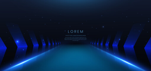 Wall Mural - Abstract futuristic scene arrow glowing neon blue with speed motion moving on dark blue background.