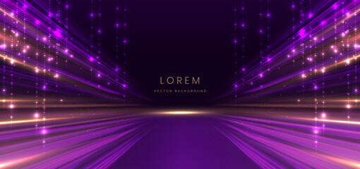 Elegant scene purple glowing motion lighting effect sparkle on dark purple background. Luxury design style.