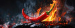 Fiery Red Chili Pepper in Dramatic Blaze. A vibrant vegetable in a fire, with sparks and smoke around, evoking the intense heat and flavour of spicy foods.
