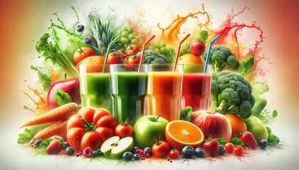  Glasses with green, orange, red juice, straws, drops of condensation among bright vegetables, fruits, berries, splashes of juice. Refreshing, vitamin-rich drinks in the summer heat.