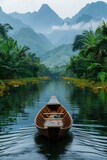 Fototapeta  - Boat in the river against the backdrop of the landscapes of Vietnam.