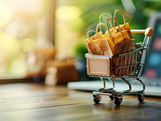 Aufkleber - A miniature shopping cart filled with paper bags on a wooden surface, with a blurred green background, symbolizing shopping. Generative AI