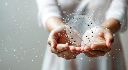 Aufkleber - Open hands presenting a digital network sphere, over a gray bokeh background, symbolizing connectivity. Generative AI
