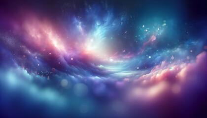 Poster - An artistic depiction of a nebula in space, with vibrant blue and pink hues, set on a cosmic background, illustrating the concept of a fantasy galaxy. Generative AI