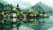 Pixelated Watercolor Village Landscape by the Lake, To provide a visually appealing and calming piece of art that showcases the beauty of nature and