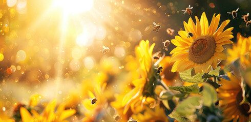 Wall Mural - A group of bees fly around sunflowers, with the sunlight shining through them. The background is blurred to focus on the flowers and honeybees