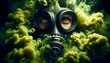 Intense close-up of a person wearing a gas mask, with a focus on the human eyes, amidst swirling green toxic fumes.