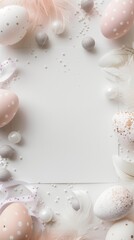 Wall Mural - Elegant Easter eggs with feathers and pearls on a vertical layout