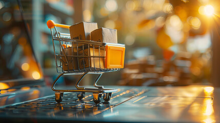 Canvas Print - A miniature shopping cart filled with boxes, on a vibrant bokeh background, symbolizing online shopping. Generative AI