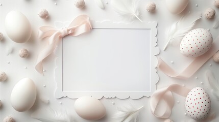 Wall Mural - Elegant Easter layout with eggs, feathers, ribbon, and blank card