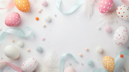 Wall Mural - Easter background with decorated eggs, feathers, and ribbons on white