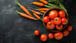 Bowl with fresh carrots and tomatoes on black wooden background