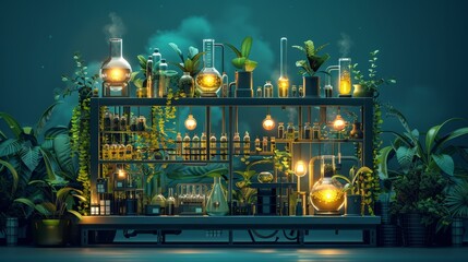 Poster - showcasing intricate equipment and flourishing plants of an organic science laboratory