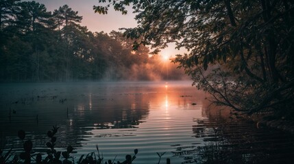 Wall Mural - Beautiful sunrise in the morning at the lake with fog and mist