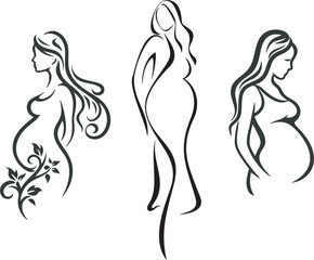 Wall Mural - Vector beautiful pregnant women exquisite series. Young future mothers line art drawings. Vinyl ready female beauty sketches with motherhood, maternity, health, birth and happiness concept.