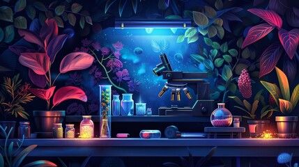 Wall Mural - illustration showcasing organic science laboratory equipment alongside plants and leaves