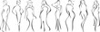 Vector beautiful woman silhouette series, minimalism. Young women, ladies, brides or fashion models in evening dresses. Exquisite black line drawings with female beauty and fashion concept.