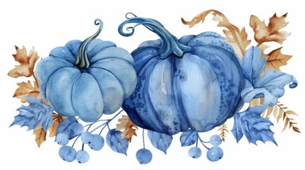 Wall Mural - an illustration of a watercolor blue pumpkin composition, with floral pumpkins, halloween clipart, a