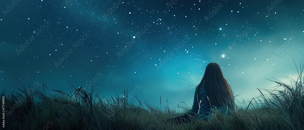 Lying on a grassy field, a girl with long hair gazes up at a starry ...