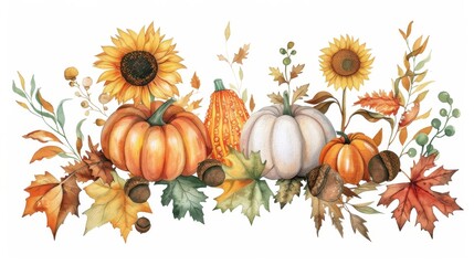 Wall Mural - Hand painted watercolor illustration. Isolated on white. Autumn clipart with pumpkins, acorns, sunflowers, and autumn leaves. For Halloween, Thanksgiving, and harvest seasons.