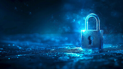 Poster - A glowing padlock on a dark, sparkling background, representing digital security concept. Generative AI