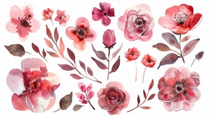 Wall Mural - The watercolors show a collection of flowers and leaves in candy shades. The illustration is set in a romantic mood with lush garden flowers.