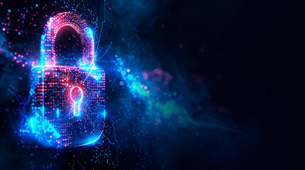 Poster - A digital padlock composed of glowing particles on a bokeh light background, symbolizing cybersecurity concepts. Generative AI