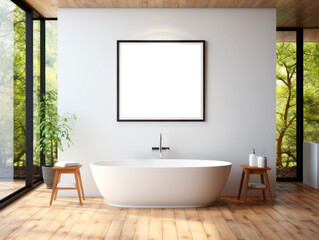Aufkleber - Modern bathroom interior with a white bathtub, wooded details, and nature view, on a forest background. Generative AI