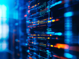 Poster - Close-up of server panels with glowing blue lights, symbolizing data processing and technology on a blurred background, concept of cyber security. Generative AI